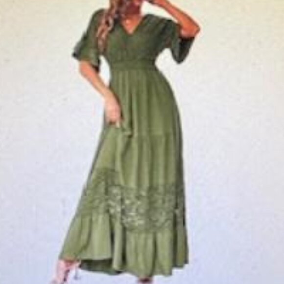 Simplee V Neck Formal Lace Maxi Dress Ruffle Flowy Short Sleeve Boho Green NWT S - Picture 8 of 8